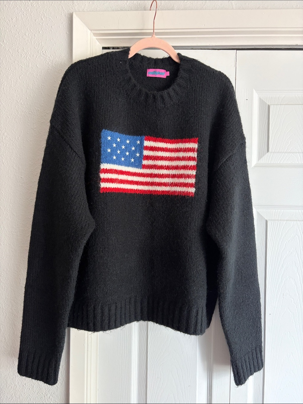 Edikted USA Oversized Chunky Knit Sweater Black Flag Pullover Large 4th of July